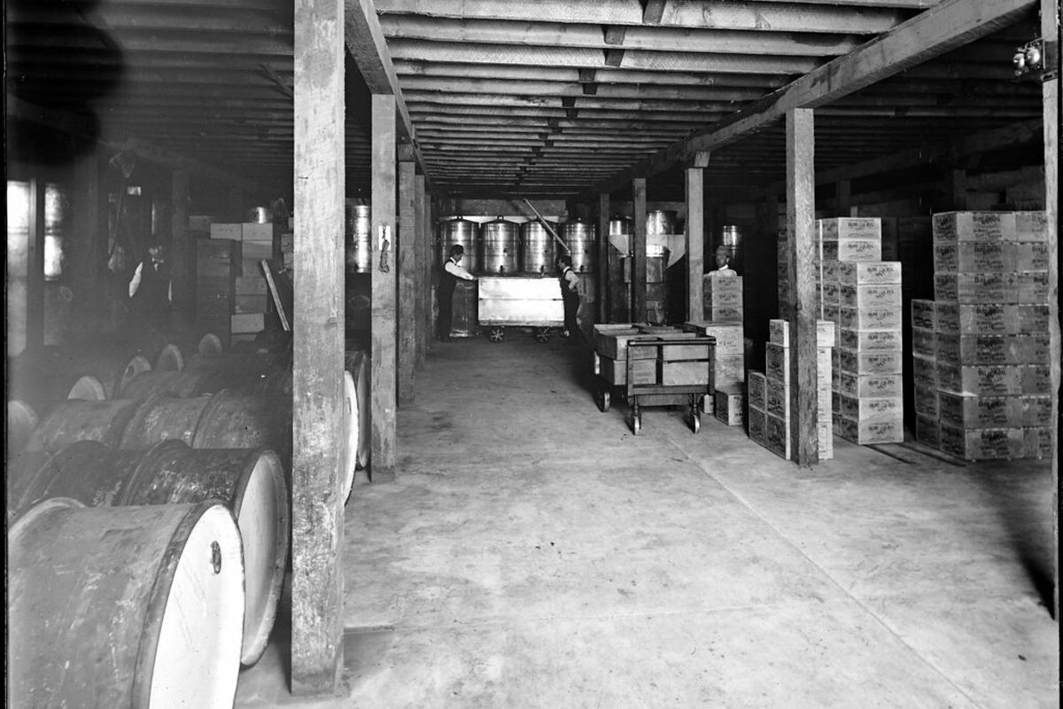 Interior of a storage house for olive oil, ca.1900 (CHS-5357)